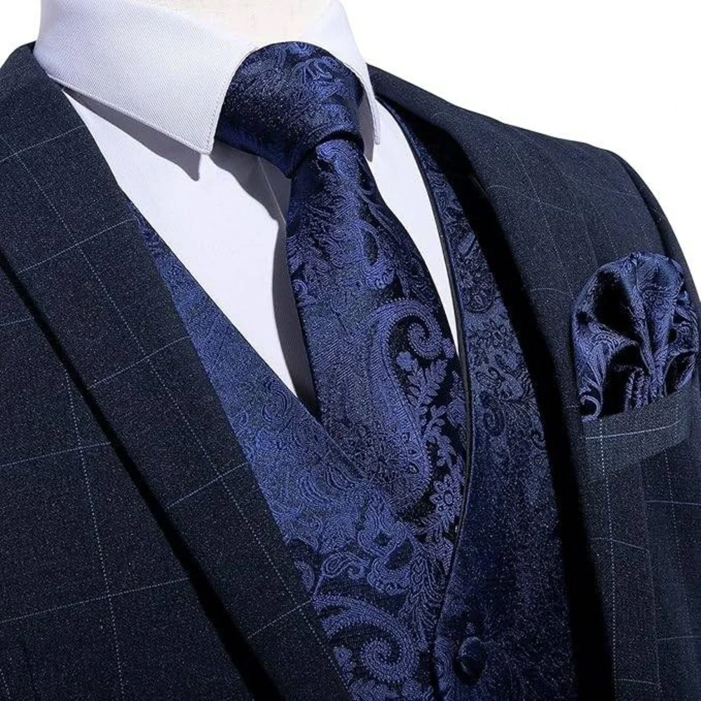 DiBanGu Paisley‎ Vest Set Mens L Blue Silk 6PC Tie Bowtie Pocket Square Formal